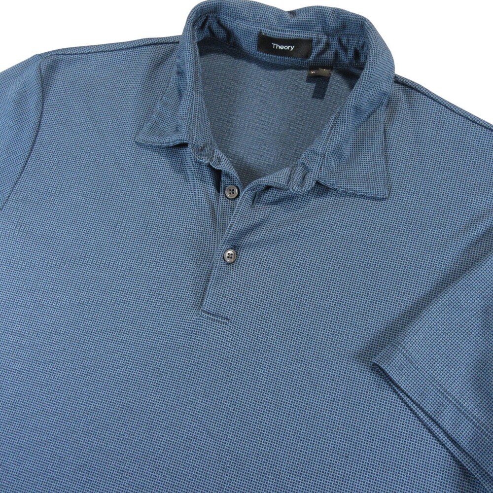 Theory Mens Polo Shirt XL Slim Fit Blue Fine Geometric Textured Check Cotton